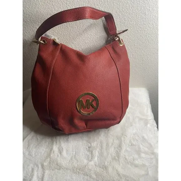 Michael Kors Leather Hobo Bag Purse Womens Red Gold Tone Hardware - Picture 1 of 9